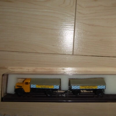 Brekina 72103 H0 MAN F8 Fronthauber Camion Lastzug+Pritsche Bürgerbräu Memmingen - Immagine 1 di 2