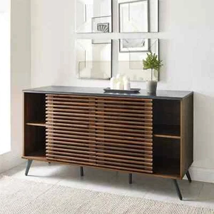 Walker Edison Modern Sliding Slat Door Sideboard, Ebony and Dark Walnut - Picture 1 of 4