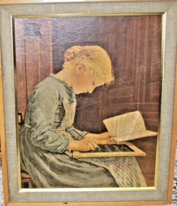 1886 Antique Framed Print School Girl with Slate and Book Signed  Albert Anker  - Picture 1 of 3
