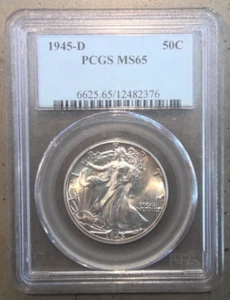 PCGS MS65 1945-D Walking Liberty Half Dollar – Gem BU 90% Silver Certified Coin - Picture 1 of 7