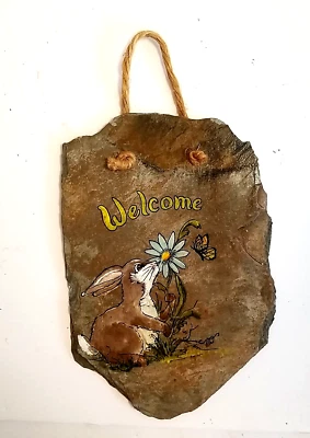 Welcome Sign Slate Tile Hand Painted Flowers Bunny Butterfly Wall Hanging 6.5x10 - Image 1 of 4