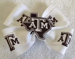 Girls Hair Bow 4" Wide Texas A&M Aggies White Ribbon Logo French Barrette - Picture 1 of 2