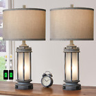 Set of 2 Farmhouse Table Lamps with Usb Ports Bedroom Rustic for Living Room
