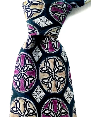 Gravata Hardy Amies masculina de seda gravata Savile Row Londres verde rosa gravata geométrica - Imagem 1 de 4