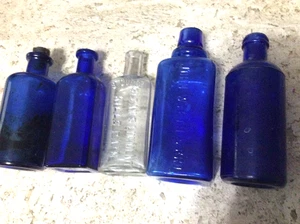 Antique Cobalt Glass Pharmaceutical Perfume Bottle Vials Lot of 5 Medicinal - Picture 1 of 15