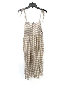 Aerie Cotton Gingham Midi Dress Smocked Tie Straps Beige White Womens Large - Picture 1 of 5