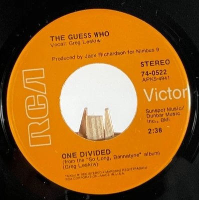 THE GUESS WHO 45 RPM ONE DIVIDED / RAIN DANCE—EX - Image 1 of 4