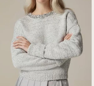 New J.Crew Women's Size M Embellished Pullover Sweater Long Sleeve Light Gray - Picture 1 of 16