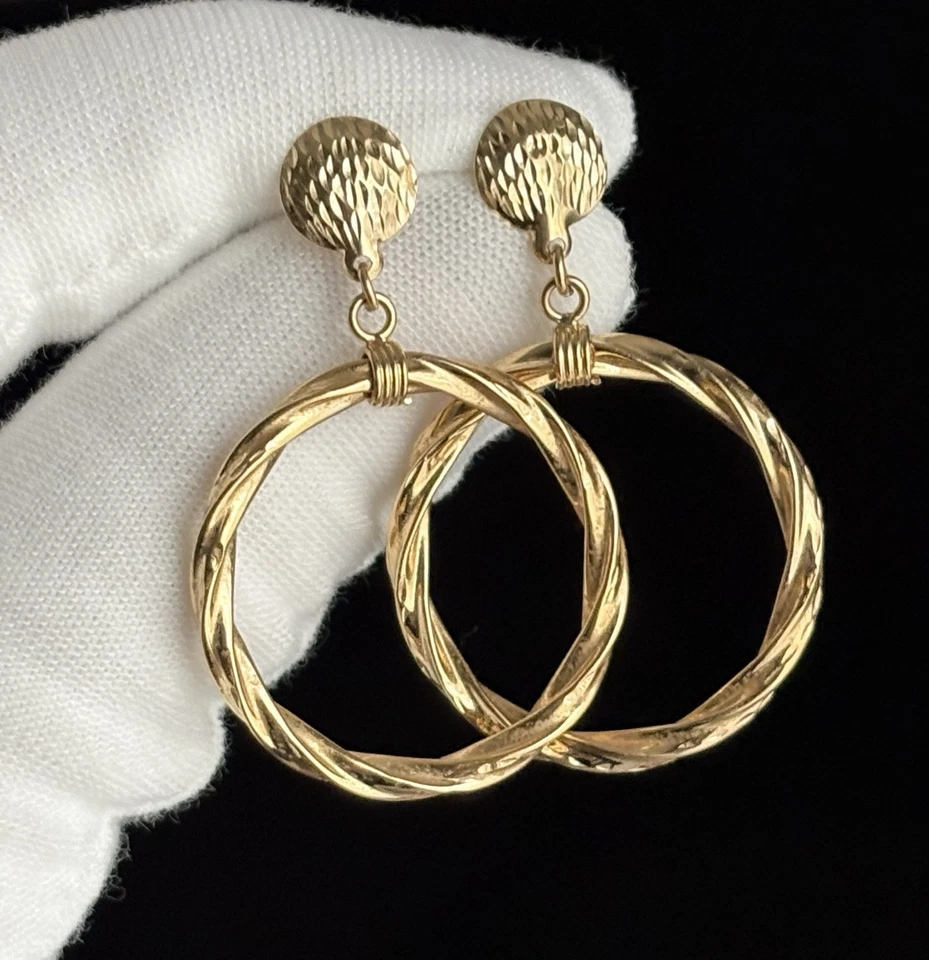 "Pendientes de aro retorcidos de oro amarillo de 14k colgantes colgantes gota 1,75"" damas diseñador SC 3,08 g" Foto 1 de 4