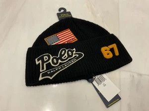 Neu mit Etikett Polo Ralph Lauren schwarze FLAGGE - #67 - VARSITY LOGO Patch Strick Beanie Mütze - Bild 1 von 6