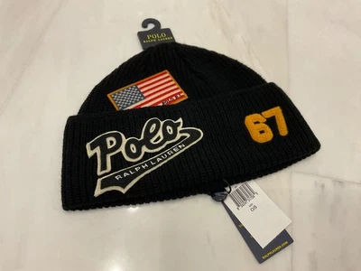 NWT Polo Ralph Lauren Black FLAG - #67 - VARSITY LOGO Patch Knit Beanie Hat - Image 1 of 4