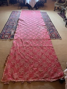 Antique C19th Raspberry Pink Lyon Silk Damask Tasel Bobbles 14ft X4ft Run - Picture 1 of 15