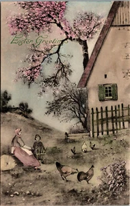 Vtg 1910s Easter Greetings Mother and Child on Farm Chickens Postcard - Picture 1 of 2
