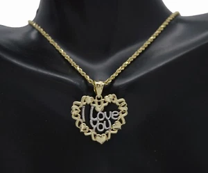 Real 10K Yellow Solid Gold XO Love Heart I Love You Pendant + Rope Chain 16"-24" - Picture 1 of 7