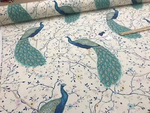 Designer cotton panama upholstery, curtains blinds Peacook print 140cm wide - Picture 1 of 7
