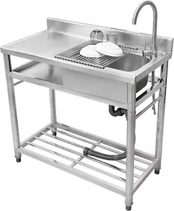 Free Standing Stainless Steel Kitchen Sink with Faucet Strainer and Shelf - Picture 1 of 9