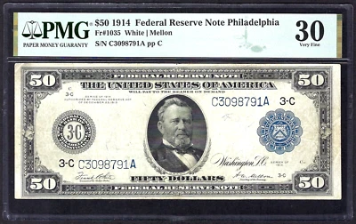 🇺🇸 1914 $50 FRN FR-1035  ♚♚PHILADELPHIA♚♚ PMG VERY FINE 30  STRONG COLOR - Image 1 of 2