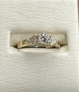 Three Stone Diamond Wedding Set Round Center Trillion Sides 14K Yellow Size 4.5 - Picture 1 of 10
