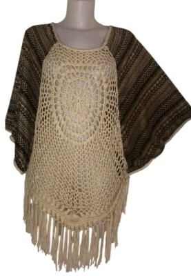 Mujer Marrón Azteca Crochet Flecos Boho Lagenlook Kimono Puncho Top Talla XL Foto 1 de 4