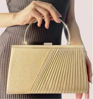 Women's Gold Pleated Metal Decor Square Bag Clutch Chain Top Handle Wedding - Image 1 of 4