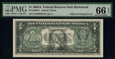 2003A $1 FRN "100 PERCENT INK OFFSET" #66EPQ - Image 1 of 3