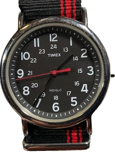 TIMEX WEEKENDER INDIGLO 37mm Watch New Battery Black Dial Nylon Strap Runs Great - Picture 1 of 11