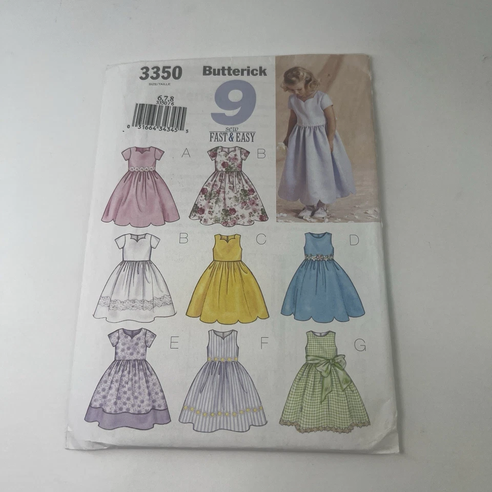 Butterick Sewing Pattern 3350 Girls 6-8 Easy Party Dress with Sleeve & Neck Var - Image 1 of 4