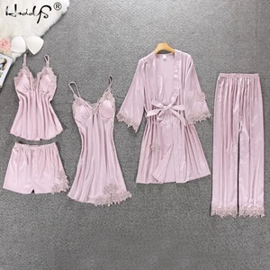 Women Pajamas Silk Satin Lace 5PCS Set Lingerie Sleepwear Babydoll Nightwear Pj - Picture 1 of 25