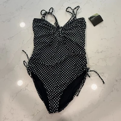 Newport News 1 Piece Swimsuit Black White Polka Dots Size 18 Keyhole NWT - Image 1 of 4