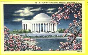 VINTAGE LINEN POST CARD ! MOONLIGHT VIEW of JEFFERSON MEMORIAL WASHINGTON DC - Picture 1 of 1