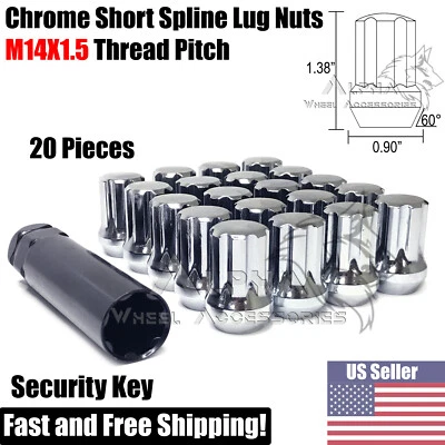 20 tuercas cromadas de ranura corta 14x1,5 para Dodge Charger Challenger 2008 en adelante Foto 1 de 4