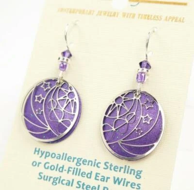 Pendientes Adajio Plata Brillante Sol Luna Estrellas Sobre Brillante Disco Púrpura 7981 Foto 1 de 4