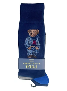 Polo Ralph Lauren Mens Blue Grey Denim Bear USA Flag Crew Dress Socks - 2 Pack - Picture 1 of 4