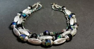Stunning Vintage 3 Strand Blue Art Glass & Brushed Silver Foil Bead Necklace 19" - Picture 1 of 4