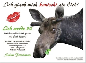 Einladungskarten zum Geburtstag tierisch lustig Wunschtext 2 Größen Elch Jäger - Bild 1 von 2