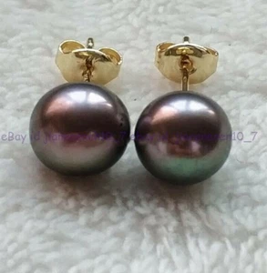 Wholesae Natural 8-9mm Black Tahitian Pearl 14k Gold Stud Earrings
