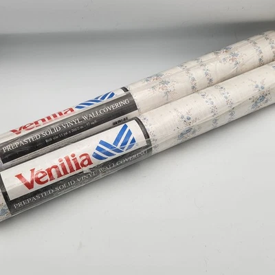 2 VTG Venilia Vinyl Wall Covering Wallpaper Blue Floral Ribbon Marie Ann Unused - Image 1 of 4