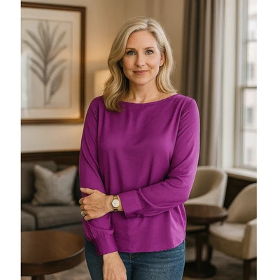 Blusa de seda Elie Tahari talla S fucsia magenta púrpura informal manga preppy aberturas Foto 1 de 4