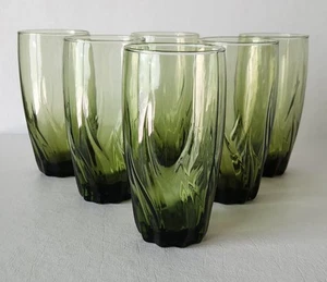 Anchor Hocking "Central Park" Swirl Ivy Green Glasses 16 oz Set Of 6 Vintage MCM - Picture 1 of 8
