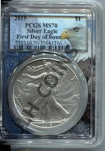 Silver Eagle 2019 S$1 - PCGS MS 70 - emisión del primer día - etiqueta Eagle Head - BC 7102 - Imagen 1 de 7