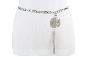 Women Belt Hip High Waist Silver Metal Chains Fringe Tassel Flower Size M L XL - Picture 1 of 12