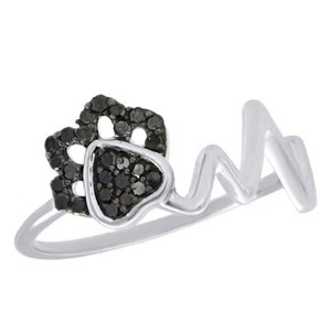 .925 Sterling Silver Black Diamond Heartbeat Ring Ladies Flower Band 0.17 CT. - Picture 1 of 4