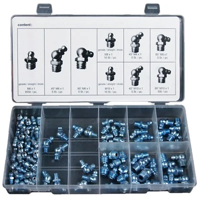 Craft-Equip 110 tlg Schmiernippel Sortiment Kegelschmiernippel 45° 90° M6 M8 M10