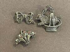 Lot of 3 brooches, antique, silver, marcasite, enamel. Great gift for Easter