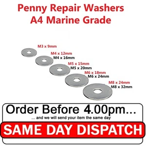 Penny Repair Washers A4 MARINE GRADE Stainless Steel M3 M4 M5 M6 M8  - Picture 1 of 2