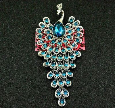 Big 4" Blue JEWEL Silver PEACOCK Cascading Betsey Johnson Rhinestone Brooch  - Image 1 of 4