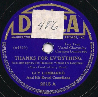 Guy Lombardo And His Royal Canadians - Thanks For Ev&apos;rything / Deep Purple  - Image 1 of 2