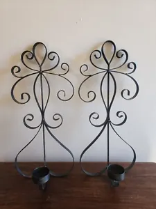 Vintage Set Of 2 Rustic Scroll Metal Black Ornate 1 Arm Candle Sconces - Picture 1 of 11
