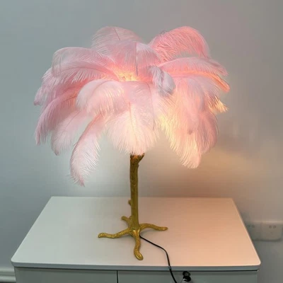 Pink Feather Lamp Romantic Ostrich Feather Bedside Lamp with Gold Resin Stand... - Image 1 of 4