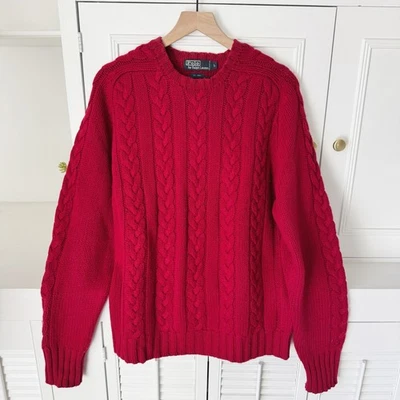 Vintage Polo Ralph Lauren Red Wool Linen Cable Knit Suede Elbow Patch Sweater L - Image 1 of 4